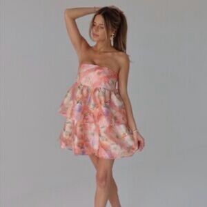 LENA Strapless Tiered Mini Dress S Pink Watercolor Wedding Guest Prom Sorority